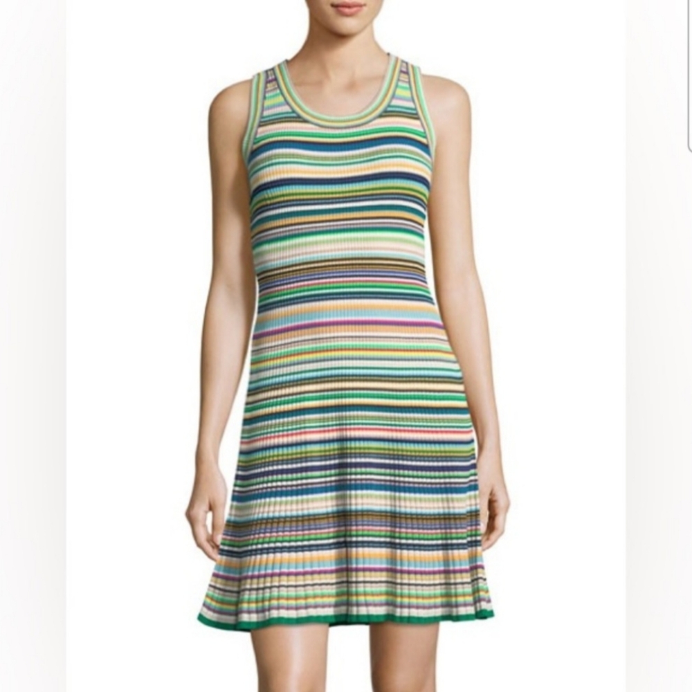 Milly Ribbed Knit Textured Horizontal Stripe Fit & Flare Tank Dress Green Sz S